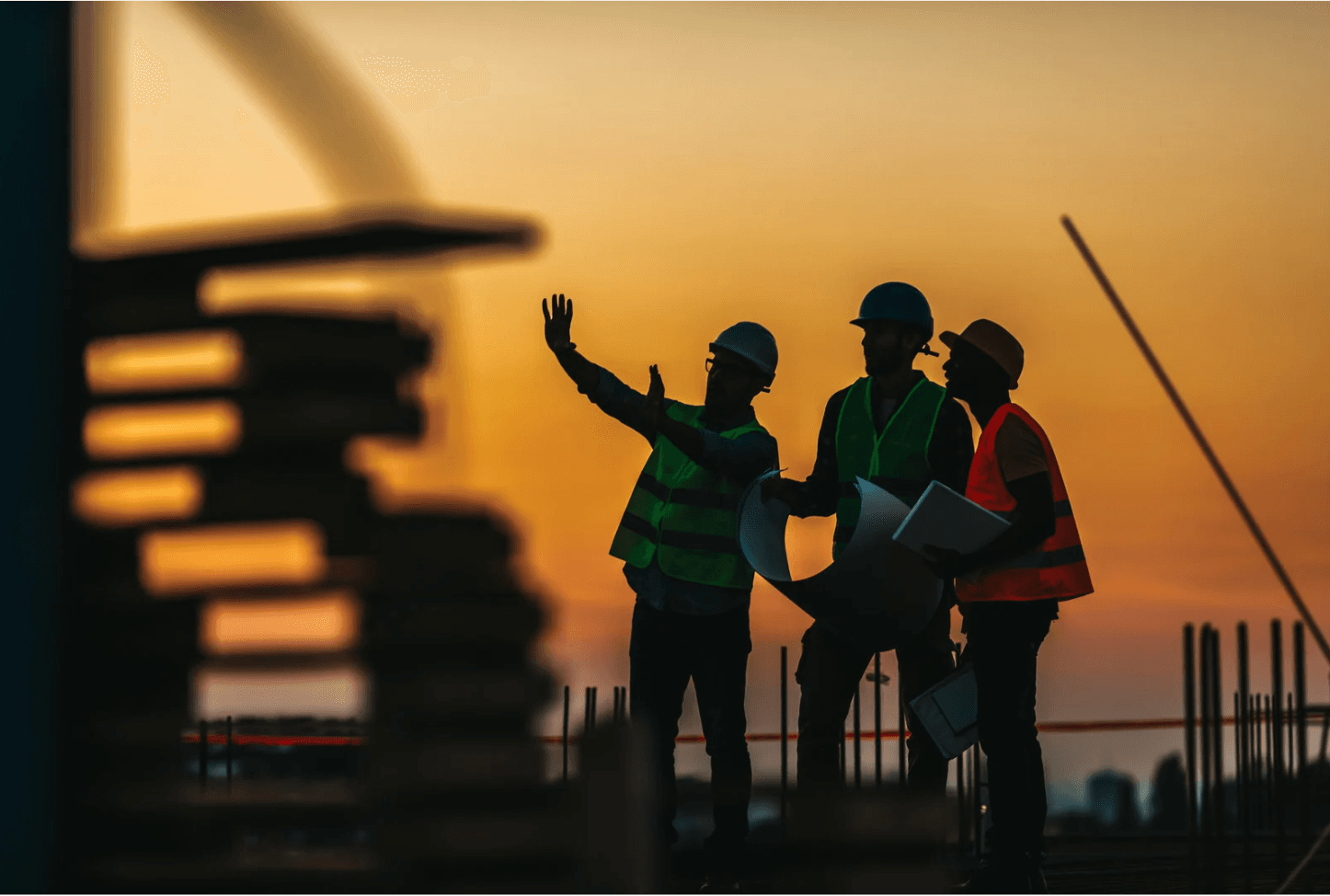 Contractors working at sunset