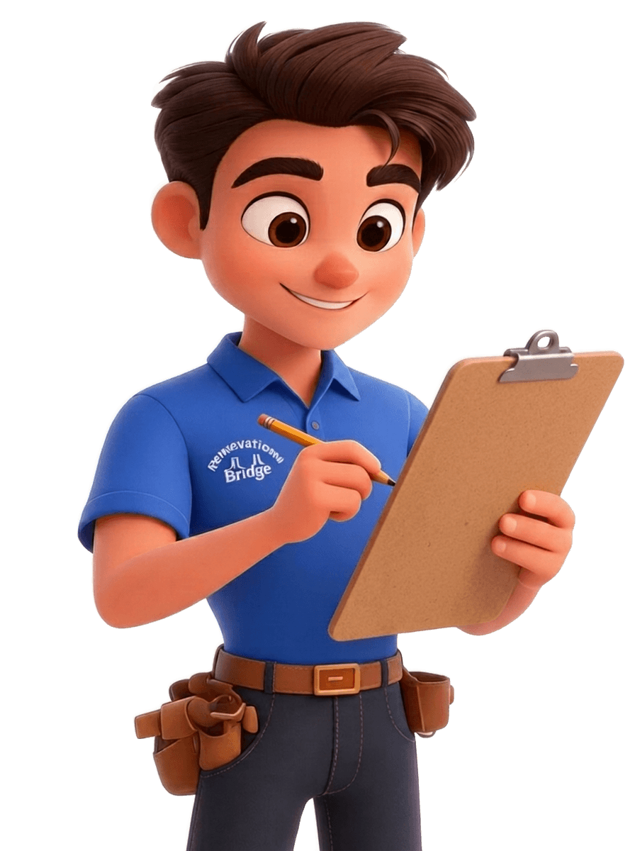 Jacob, the Renovation Bridge mascot, taking notes on a clipboard