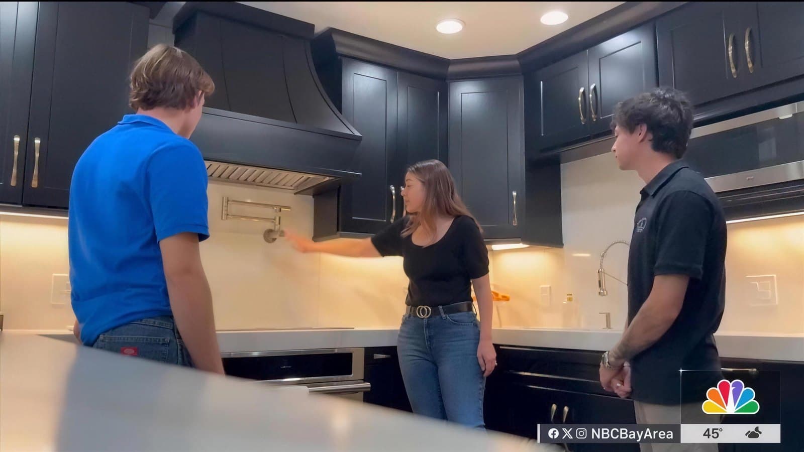 Renovation Bridge founders with homeowner Kim Cafaro in her finished Livermore kitchen, from the NBC Bay Area broadcast
