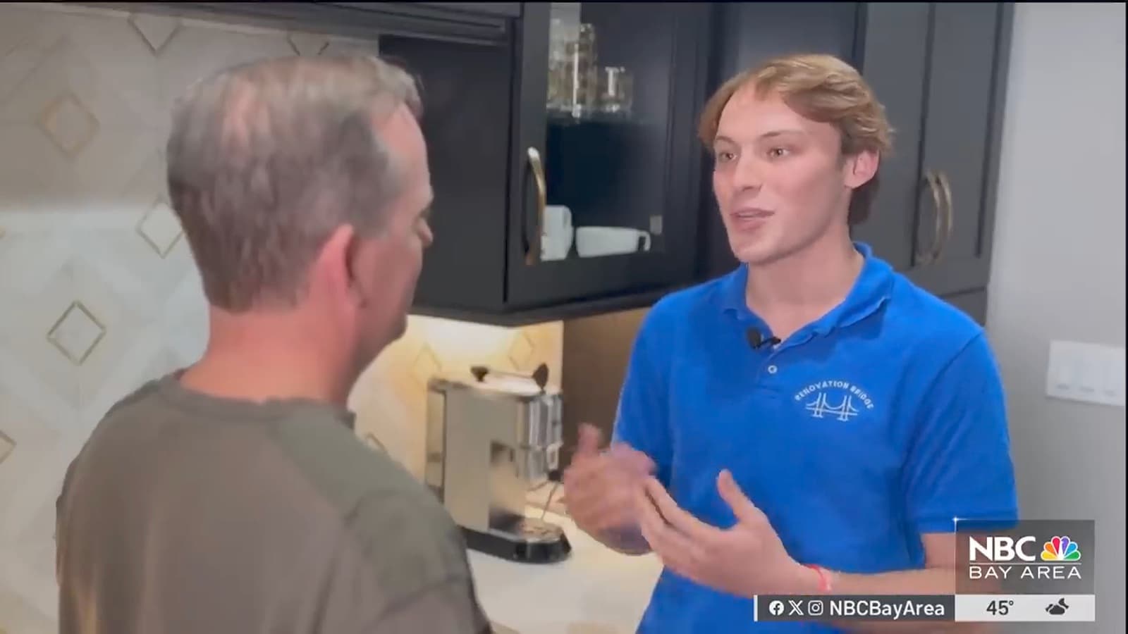 Renovation Bridge co-founder speaking with NBC Bay Area reporter Chris Chmura in a remodeled kitchen