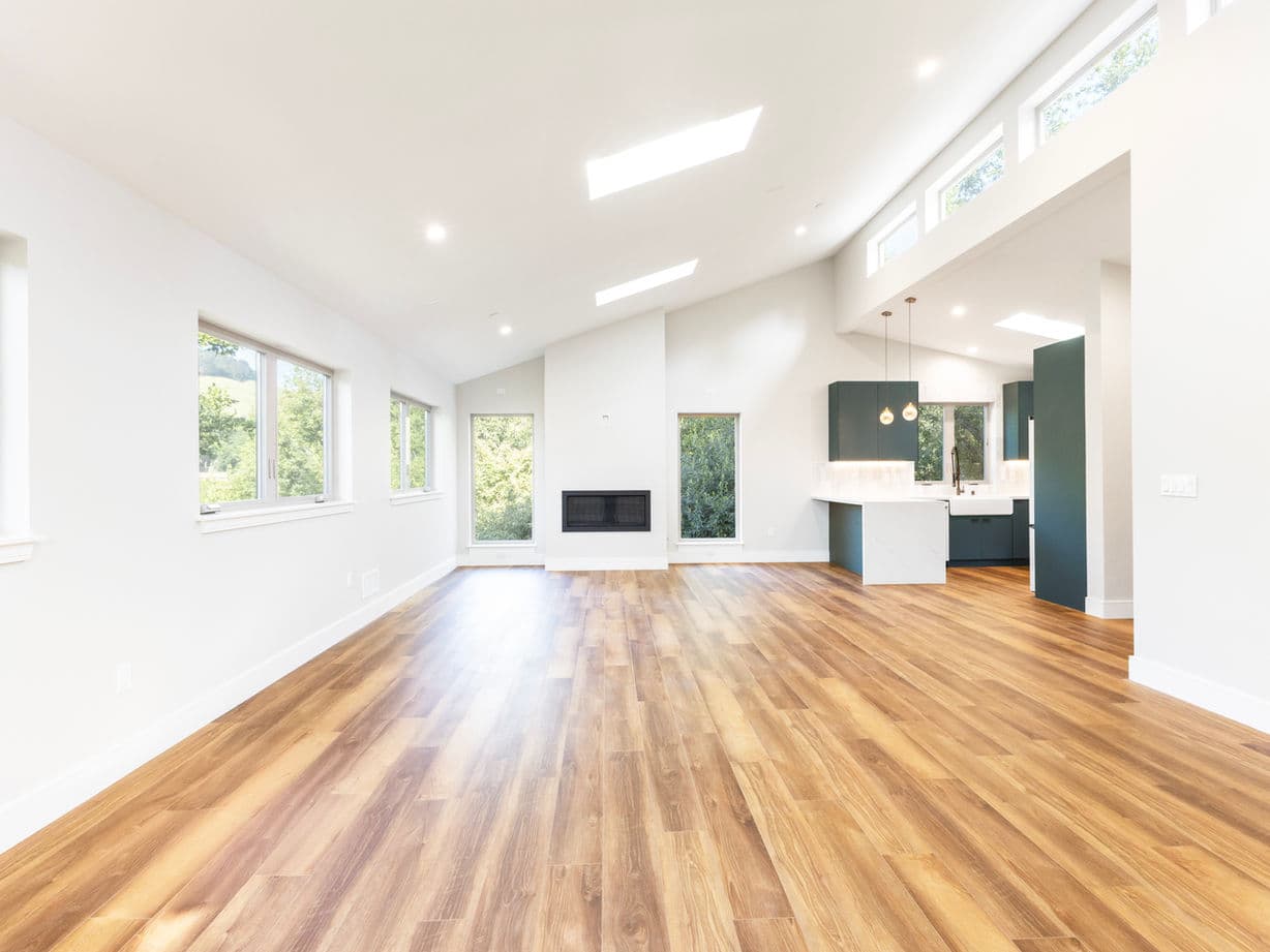 Bright open-plan living space with vaulted ceiling, skylights, and a fireplace
